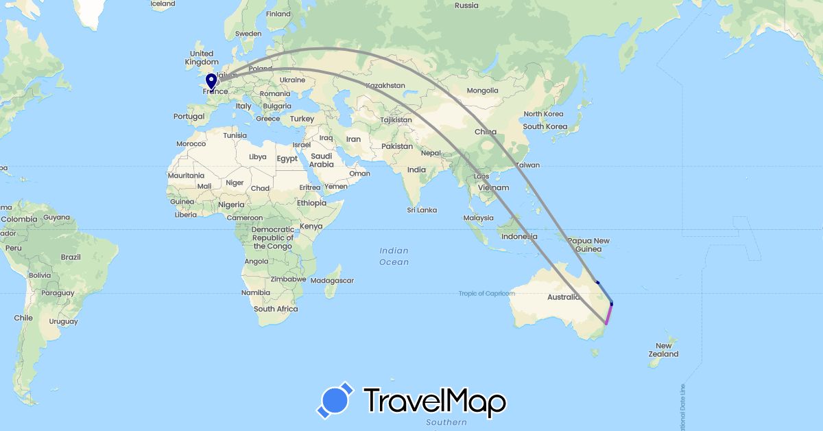 TravelMap itinerary: driving, plane, cycling, train in Australia, France (Europe, Oceania)